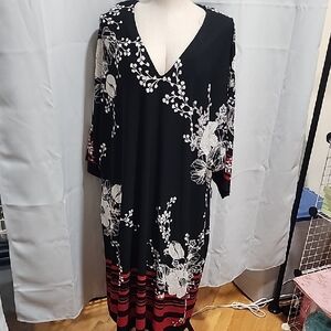 Lane Bryant Black Dress with White Floral and Red Accents